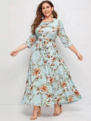Платье Plus Size с поясом и цветочным принтом