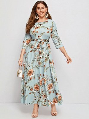 Платье Plus Size с поясом и цветочным принтом