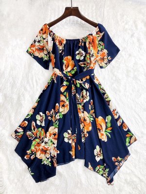 Платье размера плюс с цветочным принтом, поясом и открытыми плечами