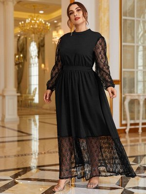 SheIn Plus Size Платье с кружевной отделкой с воротником-стойкой