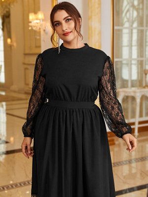 SheIn Plus Size Платье с кружевной отделкой с воротником-стойкой