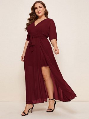 Платье с оригинальным рукавом и поясом Plus Size