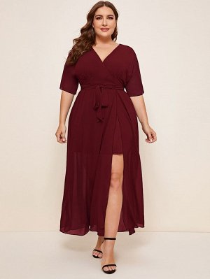 Платье с оригинальным рукавом и поясом Plus Size