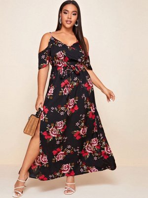 Платье Plus Size с цветочным принтом, разрезом и открытыми плечами