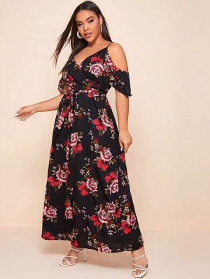 Платье Plus Size с цветочным принтом, разрезом и открытыми плечами