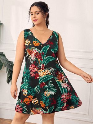 Платье Plus Size с тропическим принтом и V-образным воротником