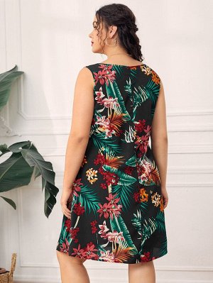 Платье Plus Size с тропическим принтом и V-образным воротником