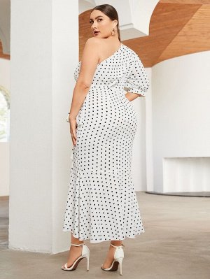 Plus Size Платье в горошек на одно плечо