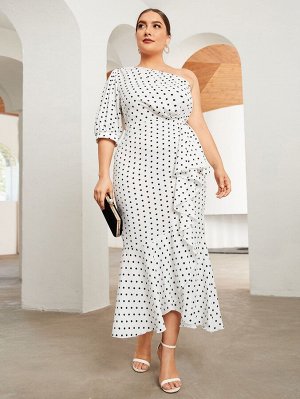 Plus Size Платье в горошек на одно плечо