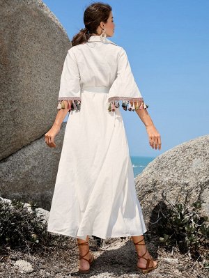 Платье-рубашка с поясом и бахромой