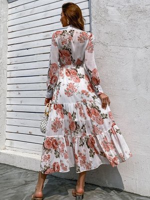 Платье с поясом с цветочным принтом многослойный