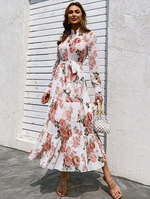 Платье с поясом с цветочным принтом многослойный