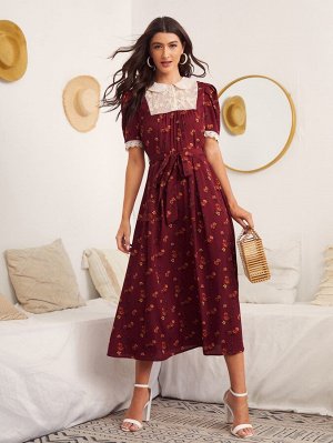 Платье сетчатый с вышивкой хомут пышным рукавом с цветочным принтом