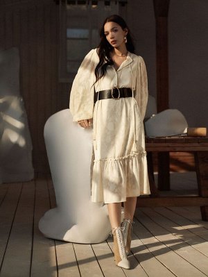 Жаккардовое платье с рукавами-фонариками без пояса