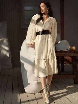 Жаккардовое платье с рукавами-фонариками без пояса