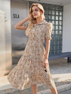 Платье-рубашка с леопардовым принтом с оборками пышным рукавом