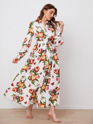 Платье-рубашка с цветочным принтом поясом