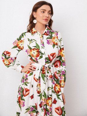 Платье-рубашка с цветочным принтом поясом