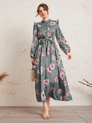 Платье-рубашка с поясом и цветочным принтом