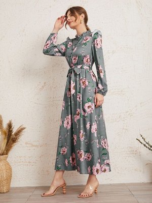 Платье-рубашка с поясом и цветочным принтом