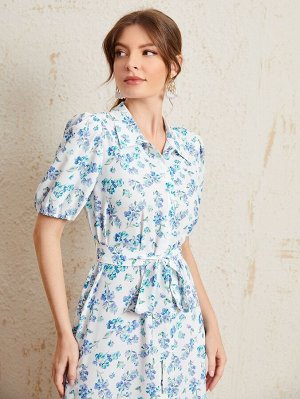 Платье-рубашка с цветочным принтом пышным рукавом поясом