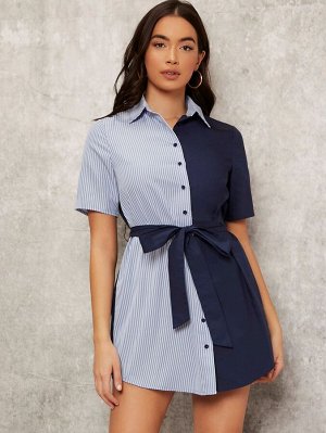 SheIn Платье-рубашка с поясом Контрастный в полоску