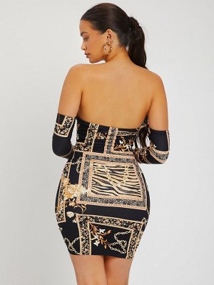 SXY Облегающее платье с принтом шарфа с узлом разрезом на кулиске со сборками