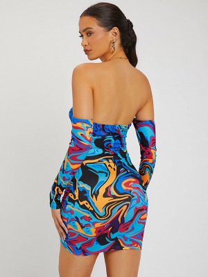 SXY Облегающее платье со случайным принтом с узлом разрезом на кулиске со сборками