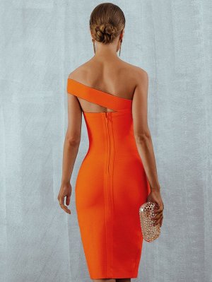 ADYCE Платье Неоновый оранжевый на одно плечо высоким разрезом