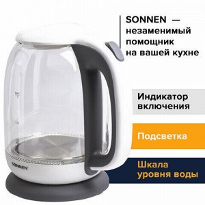 Чайник SONNEN KT-1792, 1,7 л, 2200 Вт, закрытый нагревательный элемент, стекло, белый, подсветка, 454348