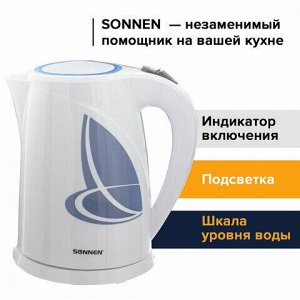 Чайник SONNEN KT-1767, 1,8 л, 2200 Вт, закрытый нагревательный элемент, пластик, белый/синий, 453416