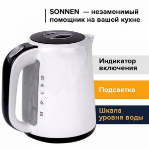 Чайник SONNEN KT-002B, 1,7 л, 2200 Вт, закрытый нагревательный элемент, пластик, белый/черный, 454994