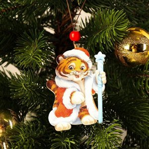 Подвеска новогодняя деревянная «Тигрёнок Дед Мороз»