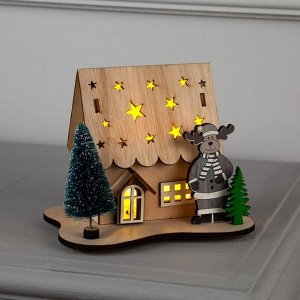 Светодиодная фигура «Дом с оленем» 11 x 15 x 3 см, дерево, батарейки LR41х3, свечение тёплое белое