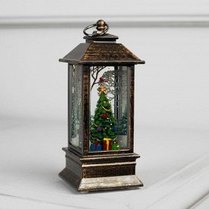 Фигура светодиодная "Елка с подарками в бронзовом фонарике" 12х5х5 см, 1 LED, блестки,ТЁПЛОЕ БЕЛОЕ