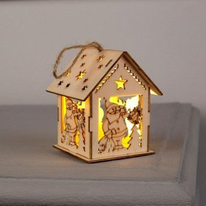 Ёлочная игрушка «Домик с Дедом Морозом и ёлкой», батарейки, свечение тёплое белое
