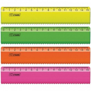 Линейка 15см СТАММ ""Neon"" пластиковая, с волнистым краем, ассорти