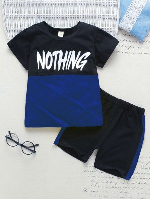 Контрастная футболка и шорты с текстовым принтом для мальчиков