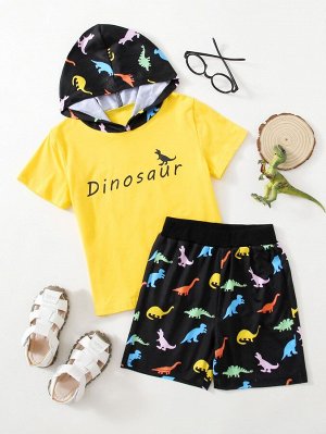 Футболка с капюшоном и текстовым принтом & шорты с принтом динозавра для мальчиков