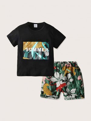 Шорты и футболка с текстовым, тропическим принтом для мальчиков