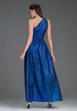 Платье длинное из ламе на одно плечо, цвет синий
