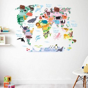 Наклейка многоразовая "Карта мира с животными №3" (2374)