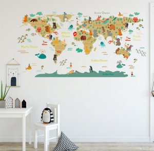 Наклейка многоразовая "Карта мира с животными №2" 55x100 см (2369)