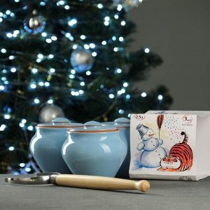 Набор горшочков новогодний "Вятская керамика" 3х0,5 л с ухватом, голубой
