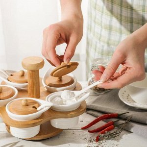 Банки для хранения сыпучих продуктов с ложками на деревянной подставке «Эстет», 5 предметов: 100 мл, 7,7*7 см, керамические, цвет белый