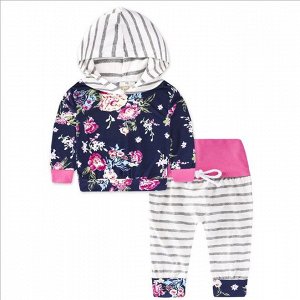 Детский костюм, толстовка и штаны, принт "Цветы" на толстовке, цвет синий/серый/белый/розовый
