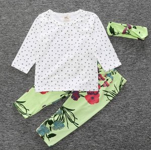 Детский костюм, кофта и штаны + повязка, принт "Треугольники" на кофте, принт "Цветы" на штанах, цвет белый/зеленый