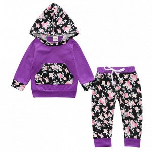 Детский костюм, толстовка и штаны, принт "Розовые розы", цвет фиолетовый/черный