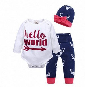 Детский костюм, боди и штаны, принт "Олени", надпись "Hello world", цвет синий/белый