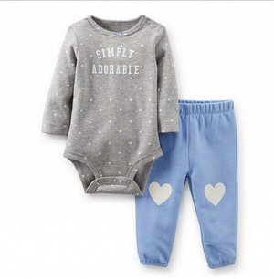 Детский костюм, боди и штаны, надпись "Simply Adorable",  принт "Сердечки", цвет голубой/серый